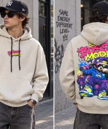 Beige Graphic Print Hoodie with Kangaroo Pocket