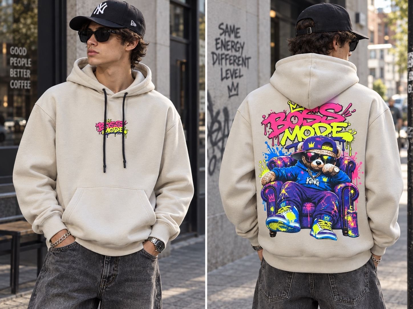 Beige Graphic Print Hoodie with Kangaroo Pocket